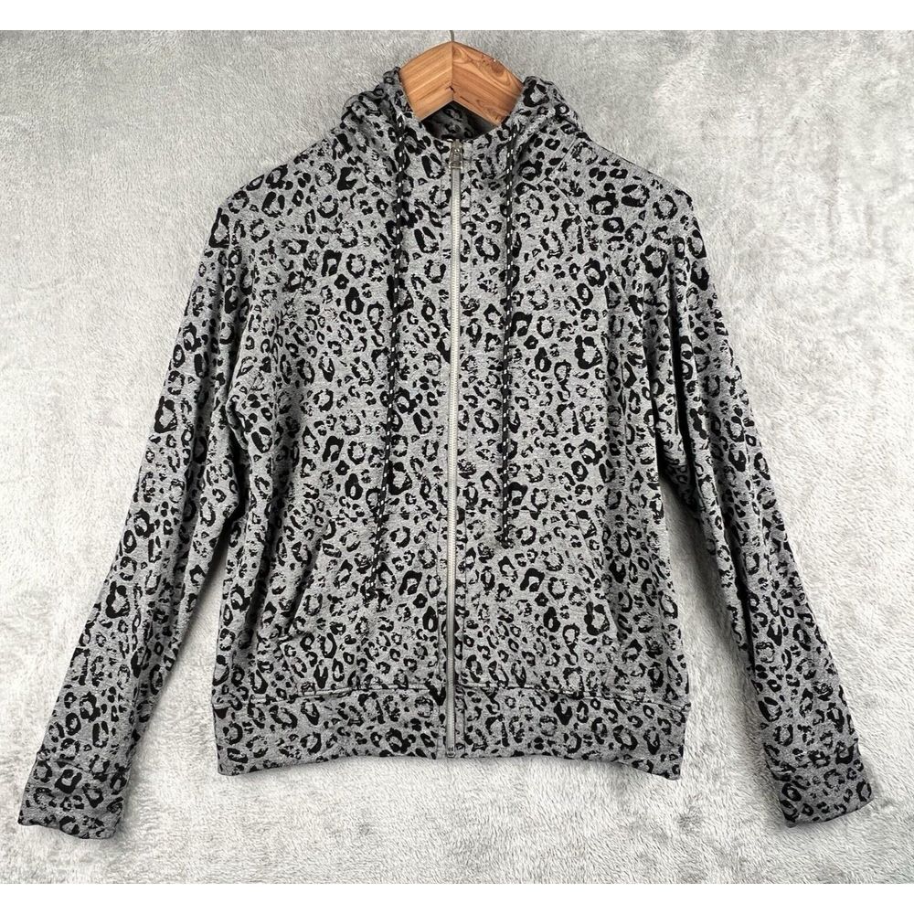 Sundry Leopard Hoodie Zip Up Jacket Women's 1 Small Gray Rayon Blend Athletic‎